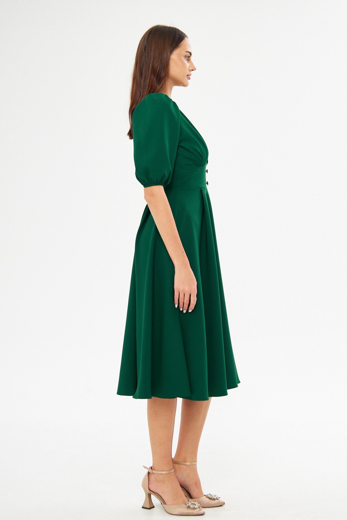 Midi V-Neck Balloon-Sleeve Corset-Belt Detail Dress - Emerald - Bidoluelbise
