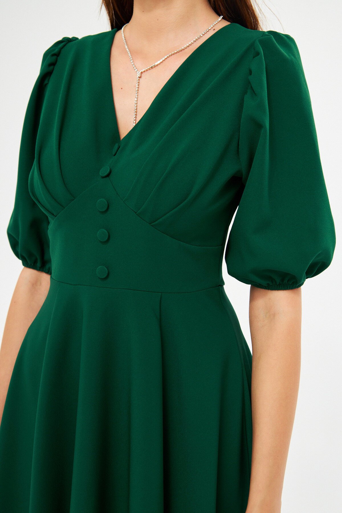 Midi V-Neck Balloon-Sleeve Corset-Belt Detail Dress - Emerald - Bidoluelbise