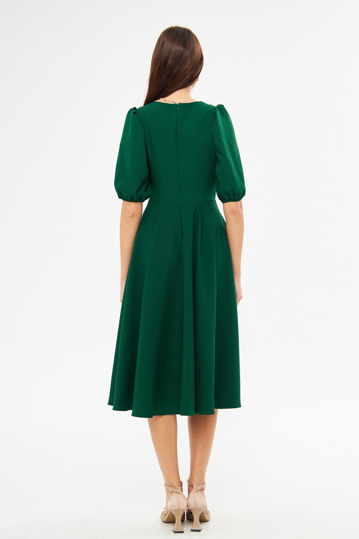 Midi V-Neck Balloon-Sleeve Corset-Belt Detail Dress - Emerald - Bidoluelbise