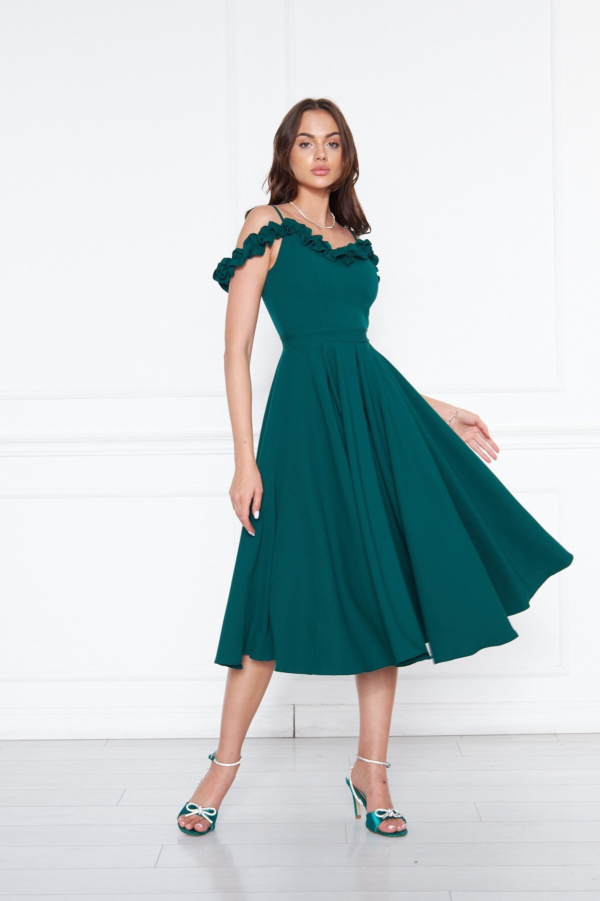 Midi Pleated Flared Ruffle Detail Evening Dress - Emerald - Bidoluelbise