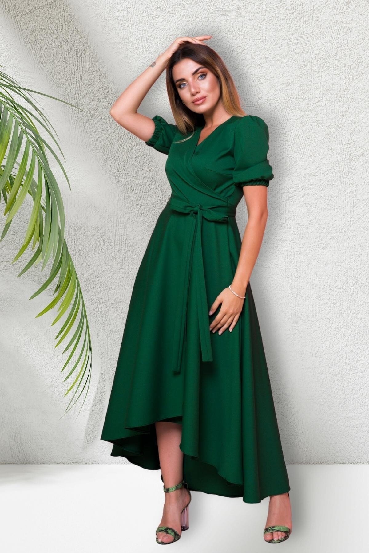 Long Asymmetric Wrap Neck Short-Sleeved Evening Dress - Emerald - Bidoluelbise