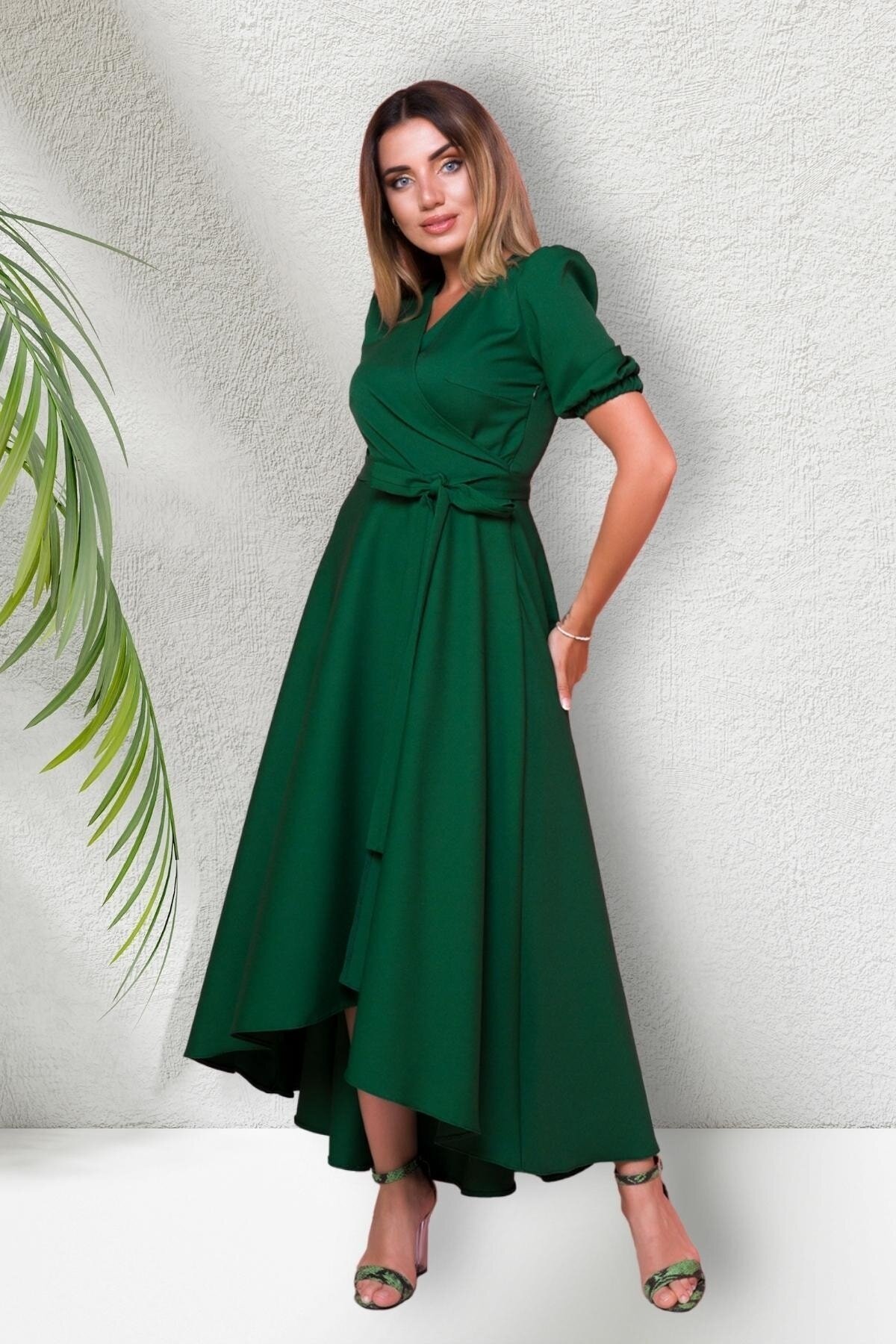 Long Asymmetric Wrap Neck Short-Sleeved Evening Dress - Emerald - Bidoluelbise