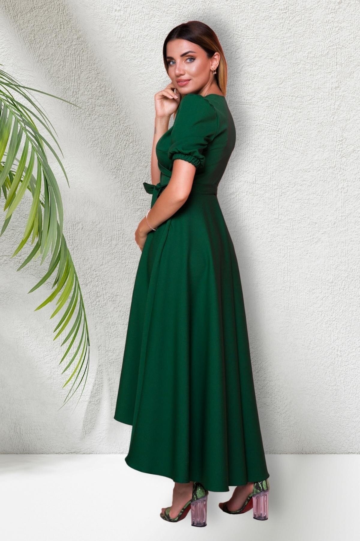 Long Asymmetric Wrap Neck Short-Sleeved Evening Dress - Emerald - Bidoluelbise