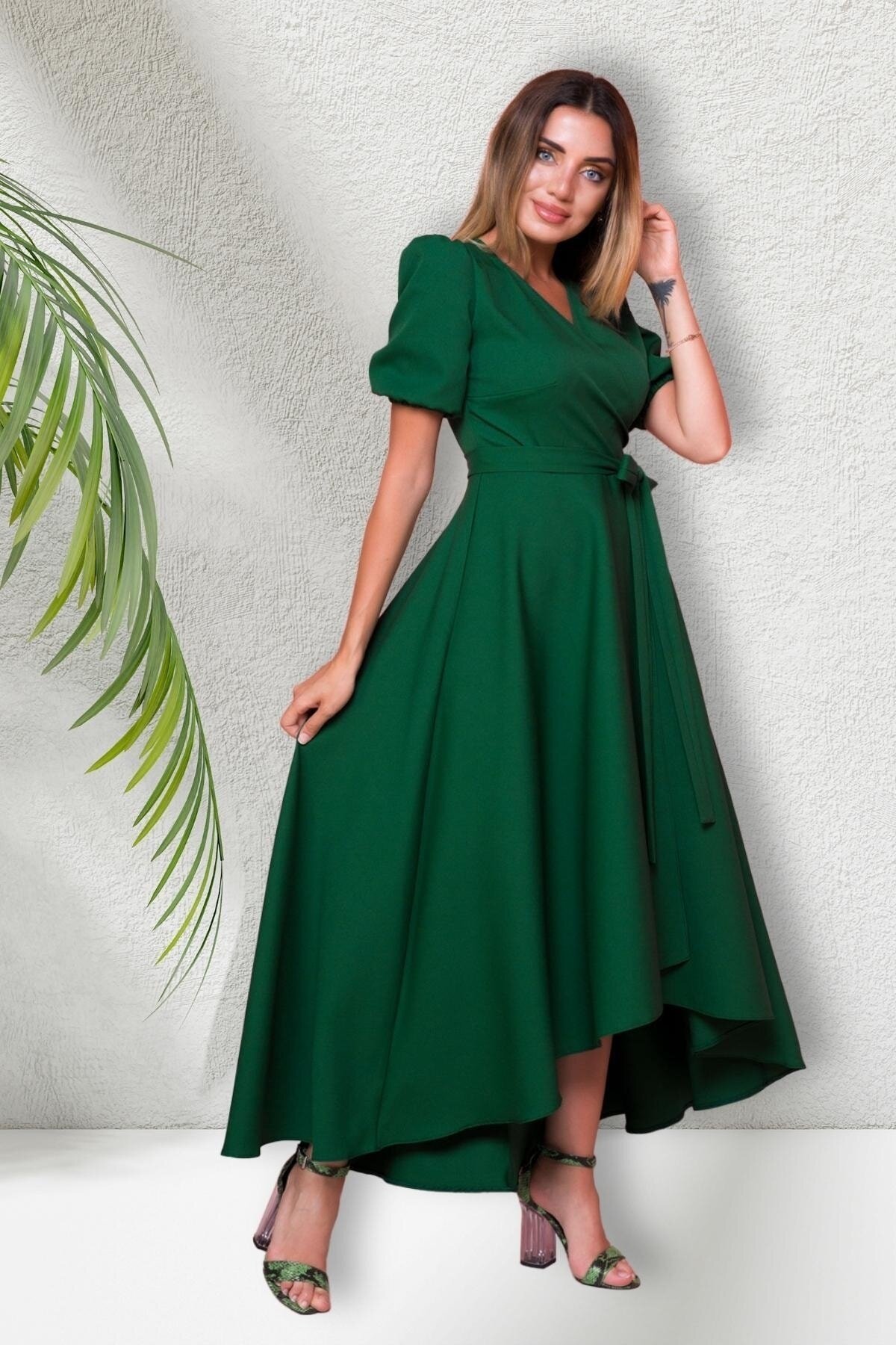 Long Asymmetric Wrap Neck Short-Sleeved Evening Dress - Emerald - Bidoluelbise