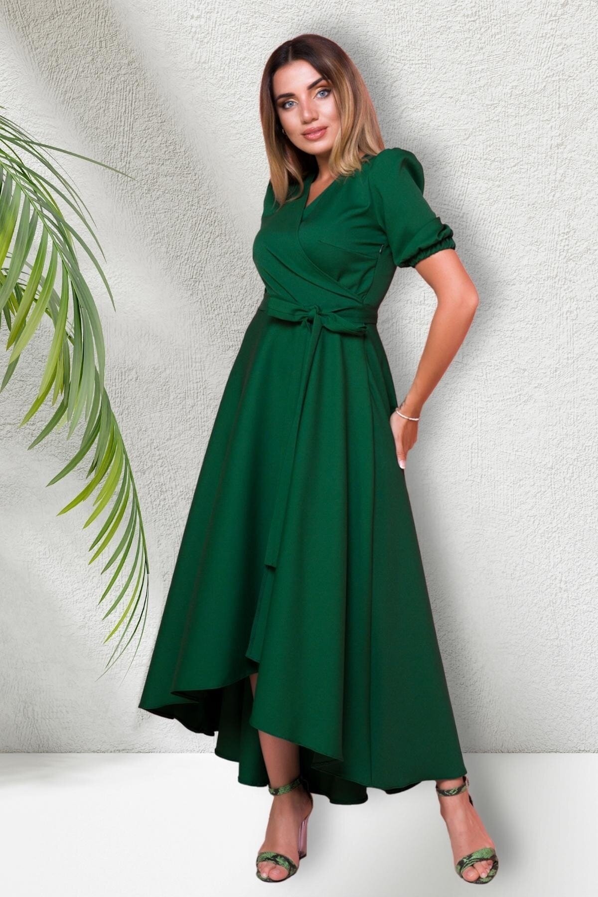 Long Asymmetric Wrap Neck Short-Sleeved Evening Dress - Emerald - Bidoluelbise