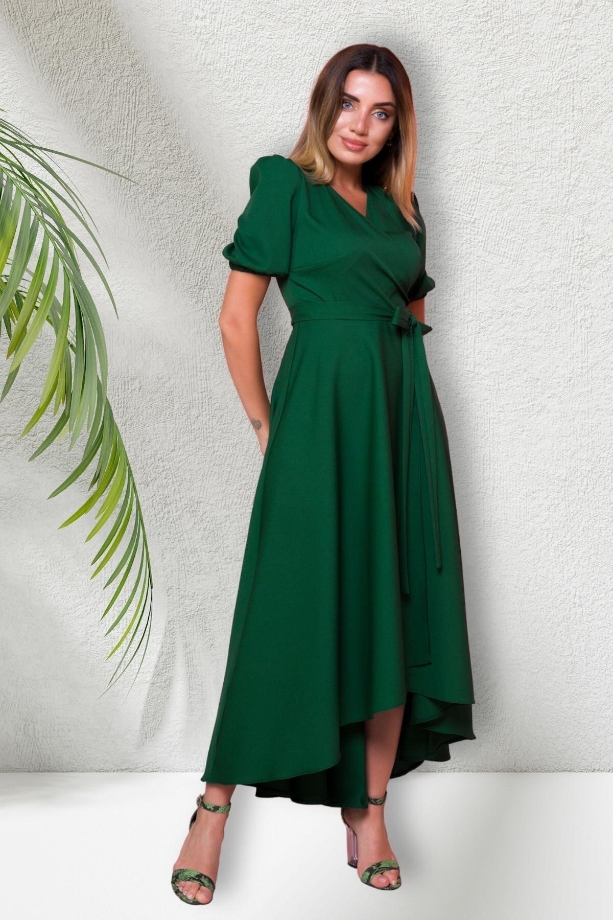 Long Asymmetric Wrap Neck Short-Sleeved Evening Dress - Emerald - Bidoluelbise
