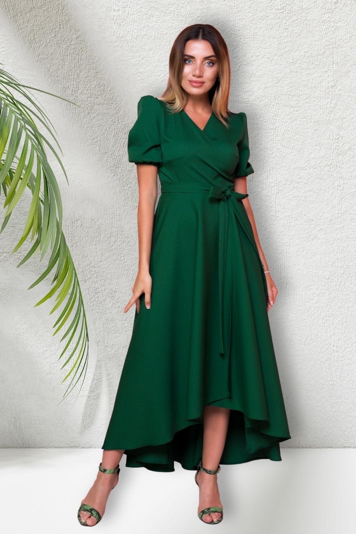 Long Asymmetric Wrap Neck Short-Sleeved Evening Dress - Emerald - Bidoluelbise