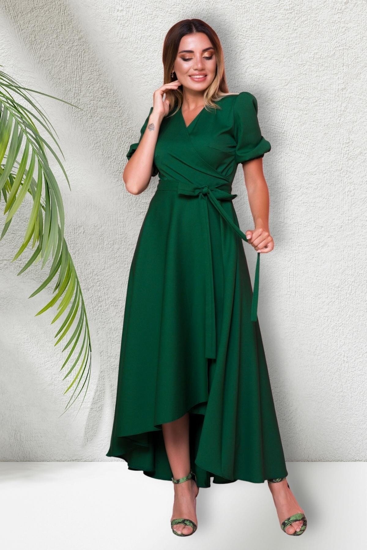 Long Asymmetric Wrap Neck Short-Sleeved Evening Dress - Emerald - Bidoluelbise