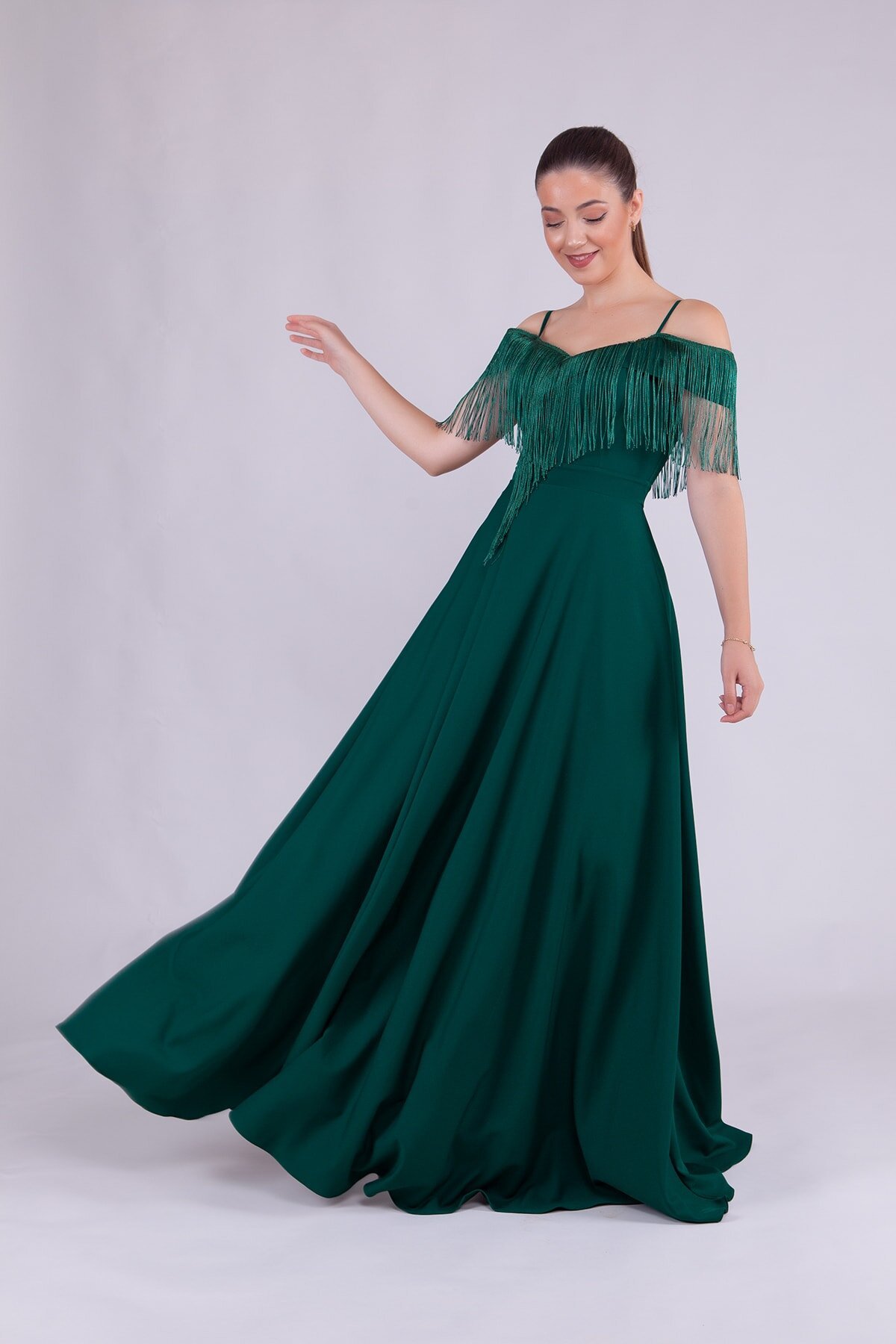 Long Boat Neck Tassel Detail Evening Dress - Emerald - Bidoluelbise