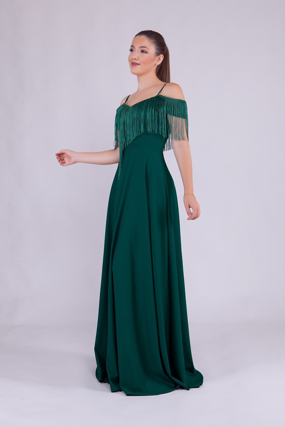 Long Boat Neck Tassel Detail Evening Dress - Emerald - Bidoluelbise