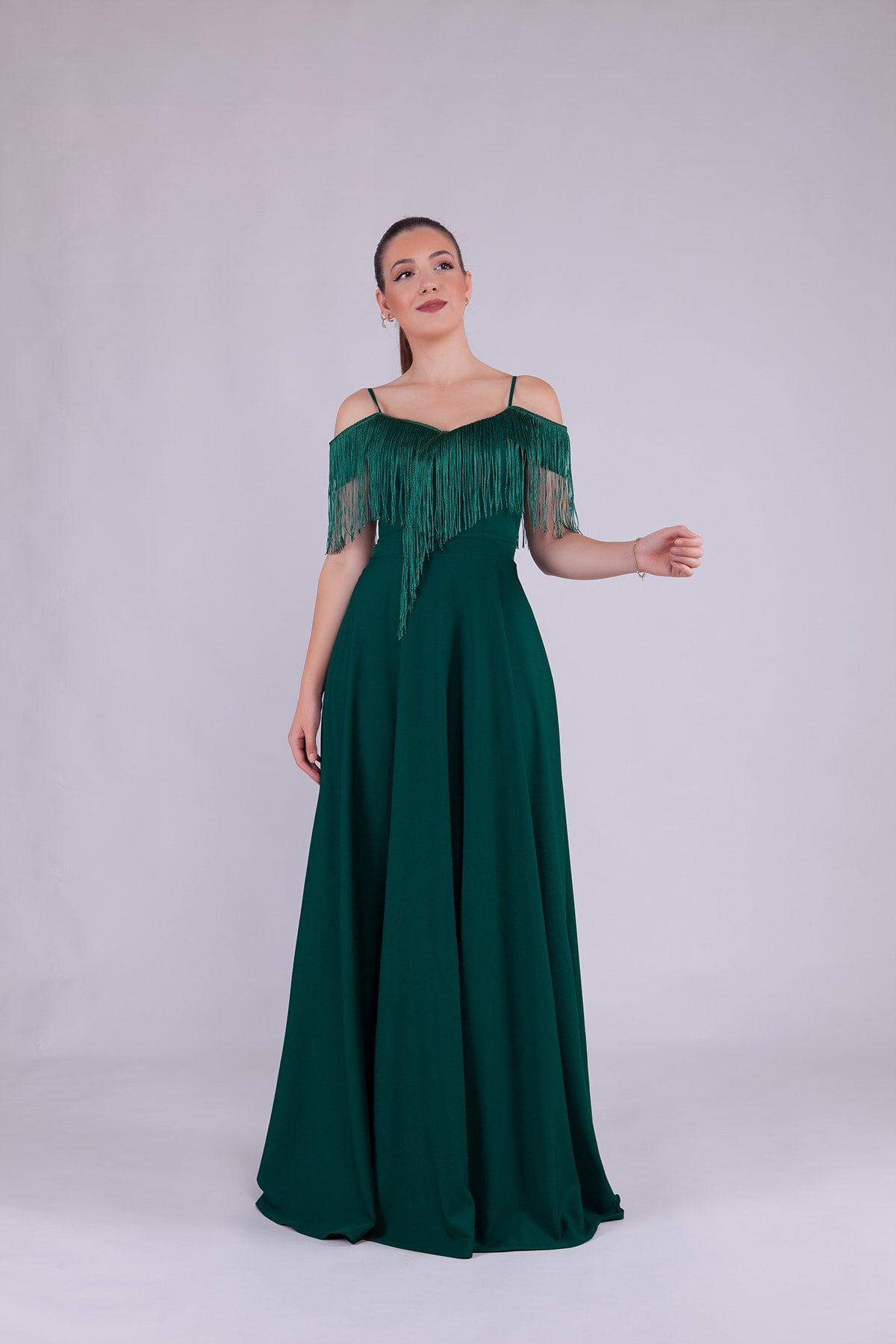 Long Boat Neck Tassel Detail Evening Dress - Emerald - Bidoluelbise