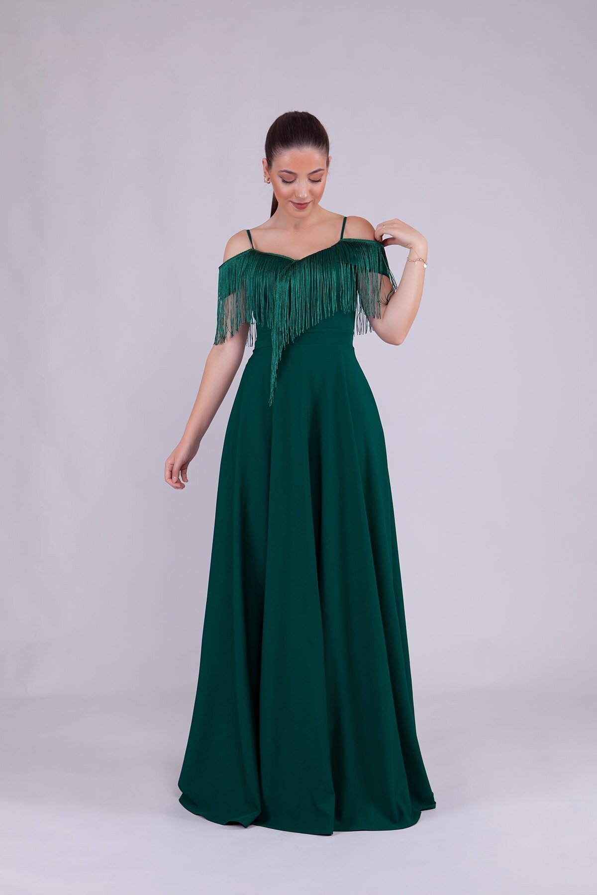 Long Boat Neck Tassel Detail Evening Dress - Emerald - Bidoluelbise