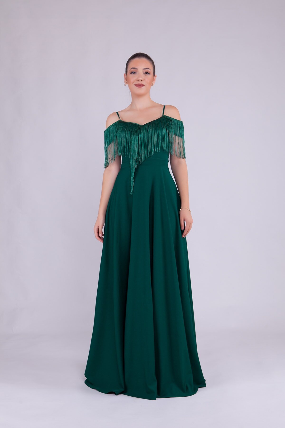 Long Boat Neck Tassel Detail Evening Dress - Emerald - Bidoluelbise