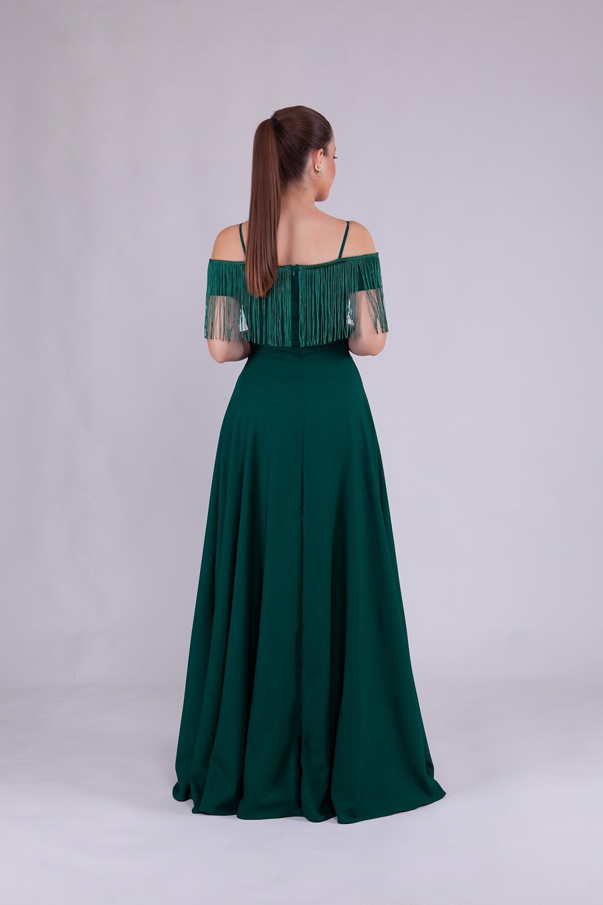 Long Boat Neck Tassel Detail Evening Dress - Emerald - Bidoluelbise