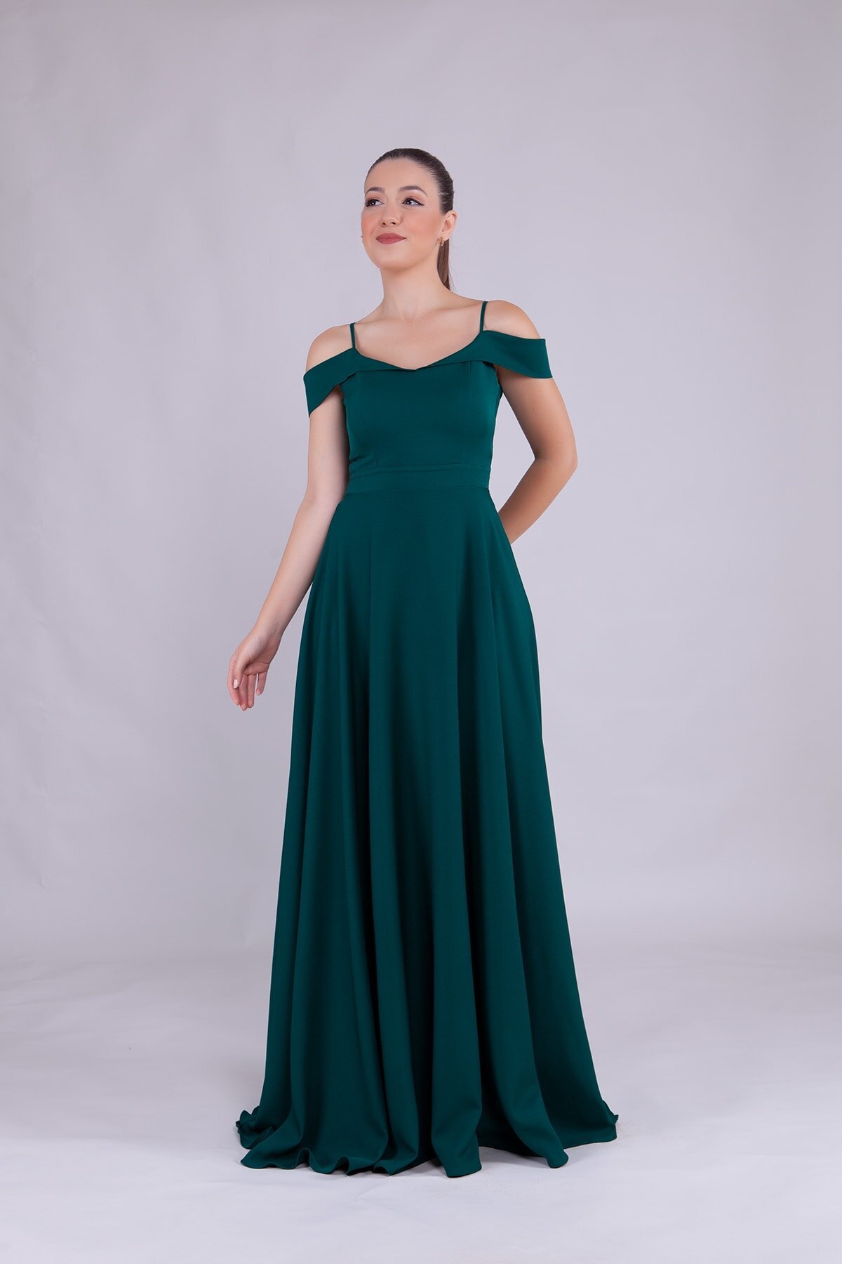 Long Strappy Shoulder Detail Evening Dress - Emerald - Bidoluelbise