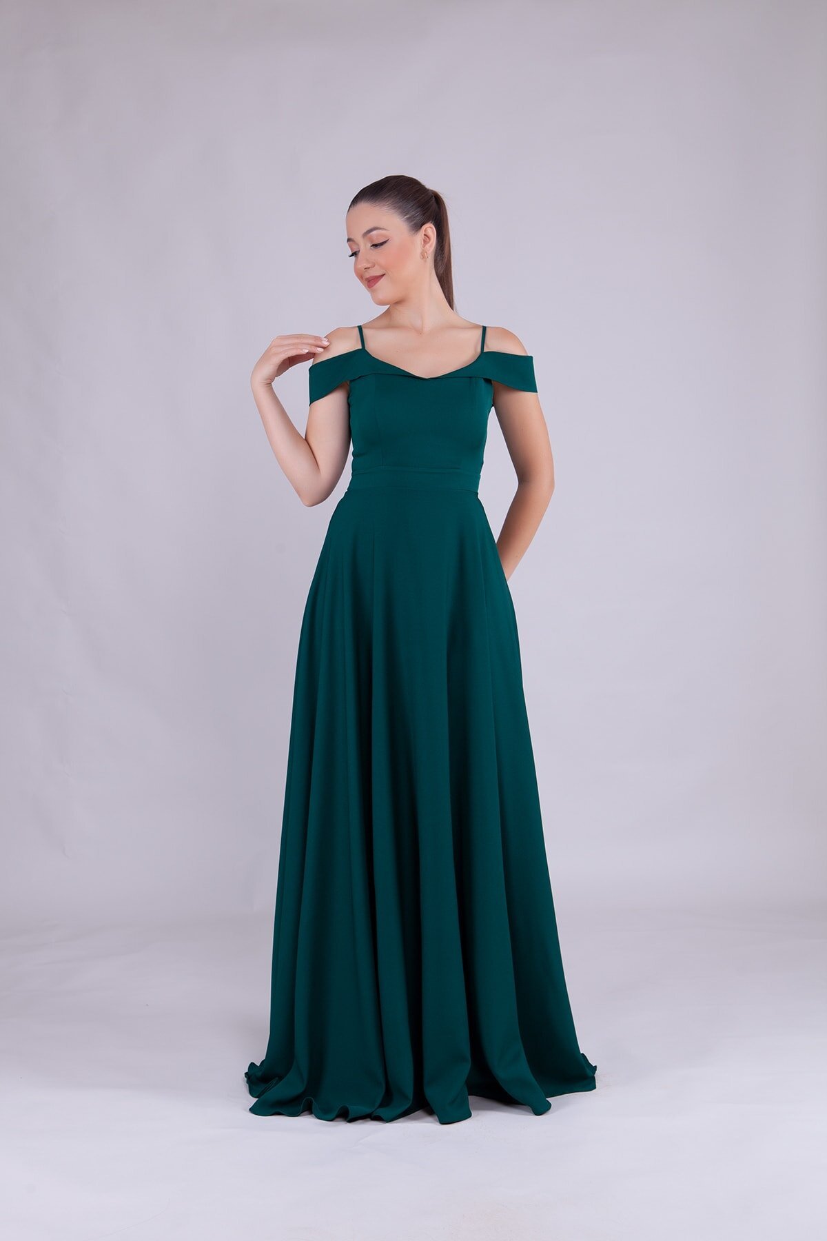 Long Strappy Shoulder Detail Evening Dress - Emerald - Bidoluelbise