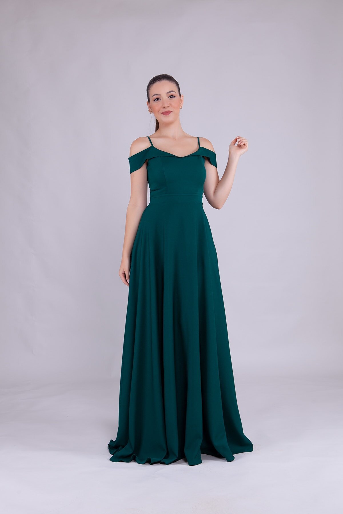 Long Strappy Shoulder Detail Evening Dress - Emerald - Bidoluelbise