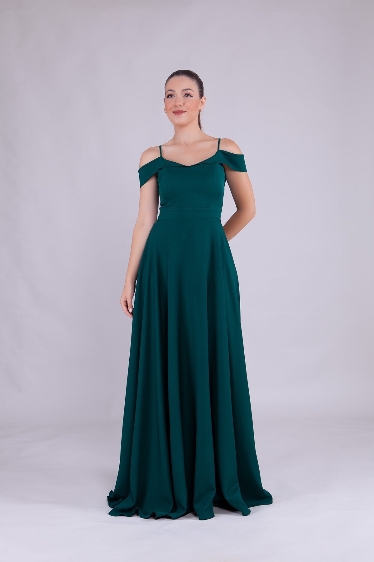 Long Strappy Shoulder Detail Evening Dress - Emerald - Bidoluelbise