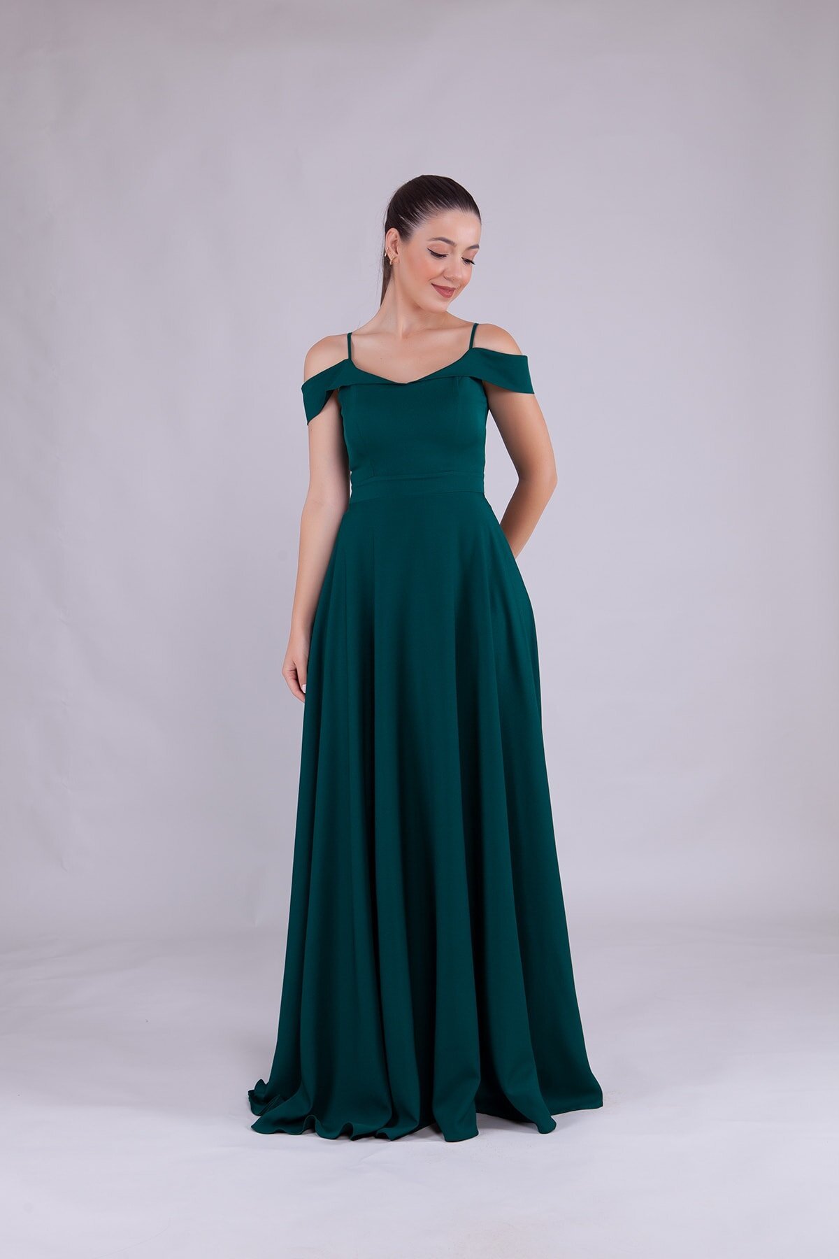 Long Strappy Shoulder Detail Evening Dress - Emerald - Bidoluelbise