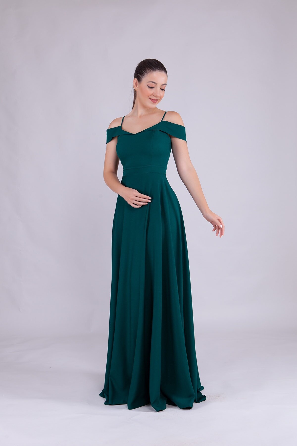Long Strappy Shoulder Detail Evening Dress - Emerald - Bidoluelbise