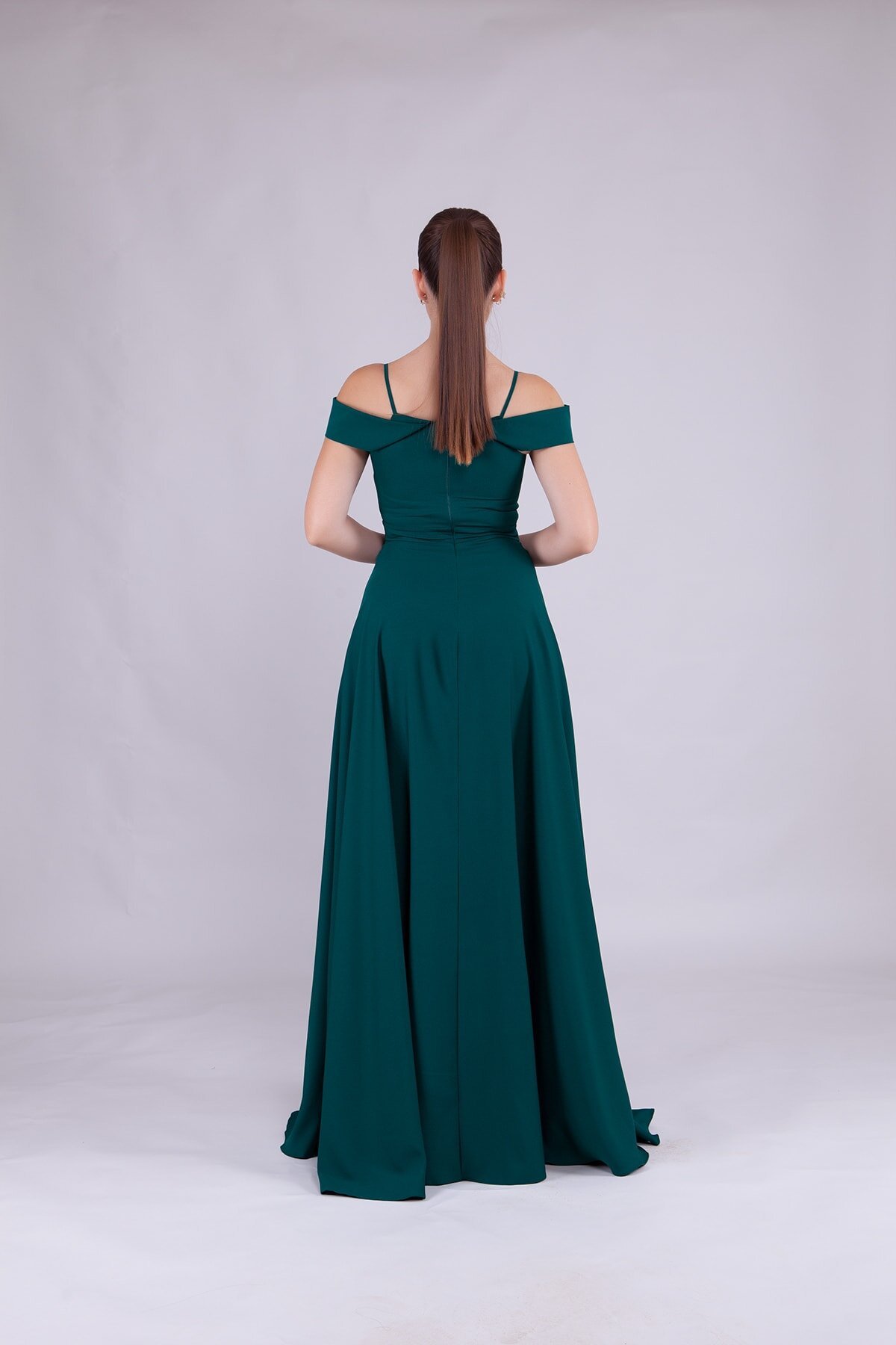 Long Strappy Shoulder Detail Evening Dress - Emerald - Bidoluelbise