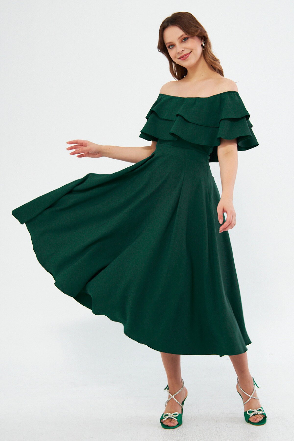 Midi Draped Ruffled Neck Dress - Emerald Green - Bidoluelbise