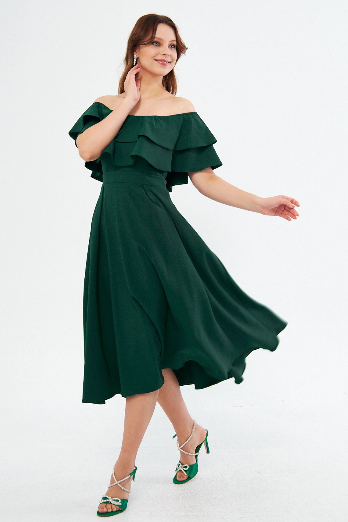 Midi Draped Ruffled Neck Dress - Emerald Green - Bidoluelbise