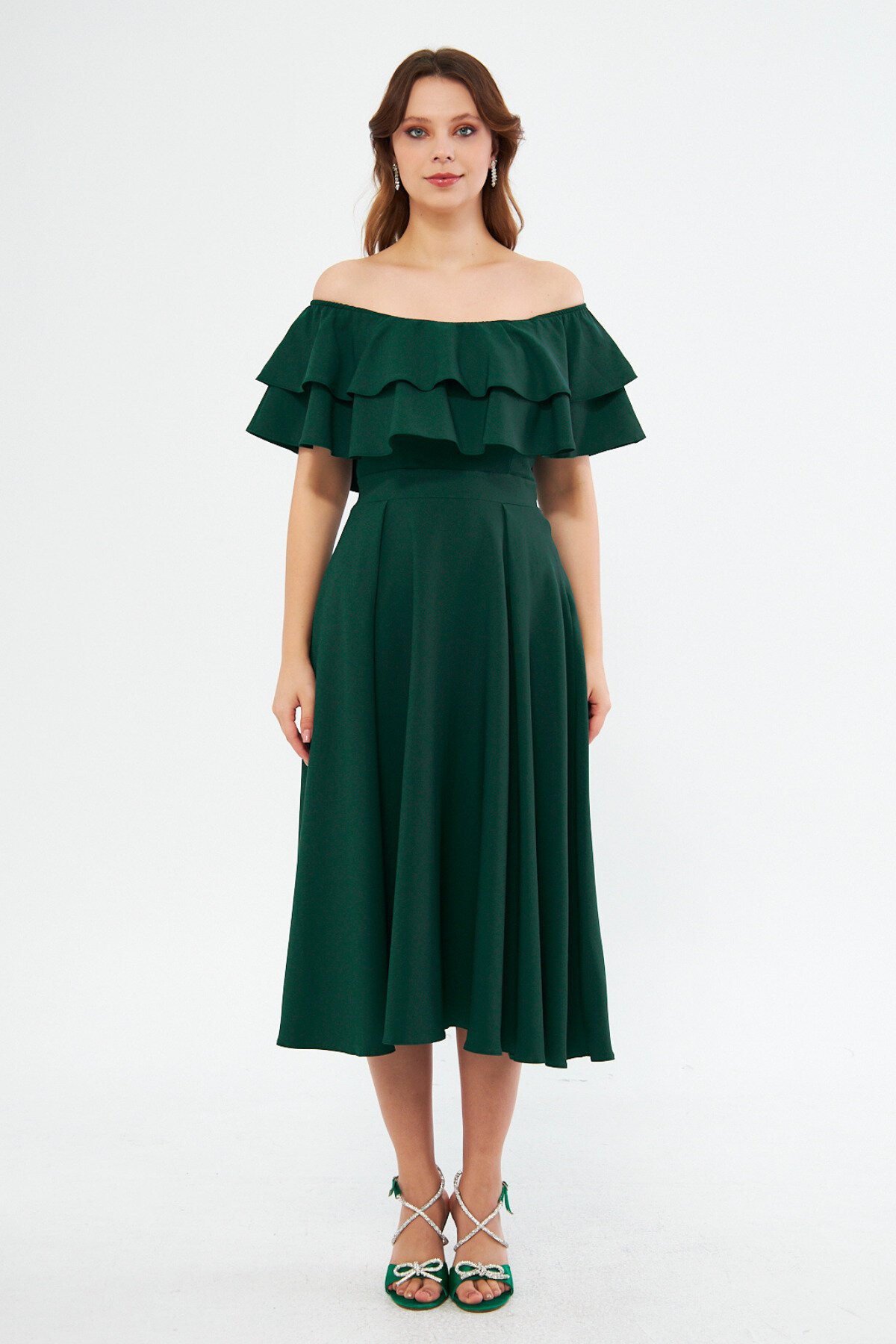 Midi Draped Ruffled Neck Dress - Emerald Green - Bidoluelbise