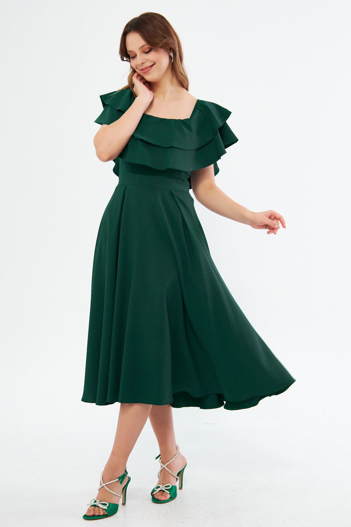 Midi Draped Ruffled Neck Dress - Emerald Green - Bidoluelbise