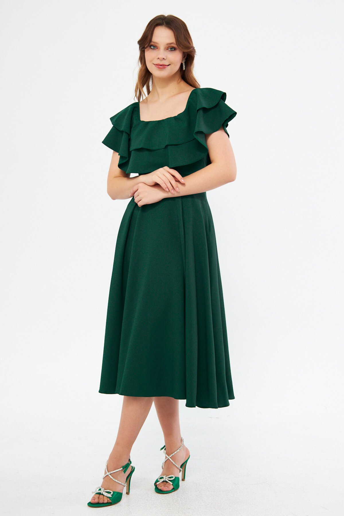 Midi Draped Ruffled Neck Dress - Emerald Green - Bidoluelbise