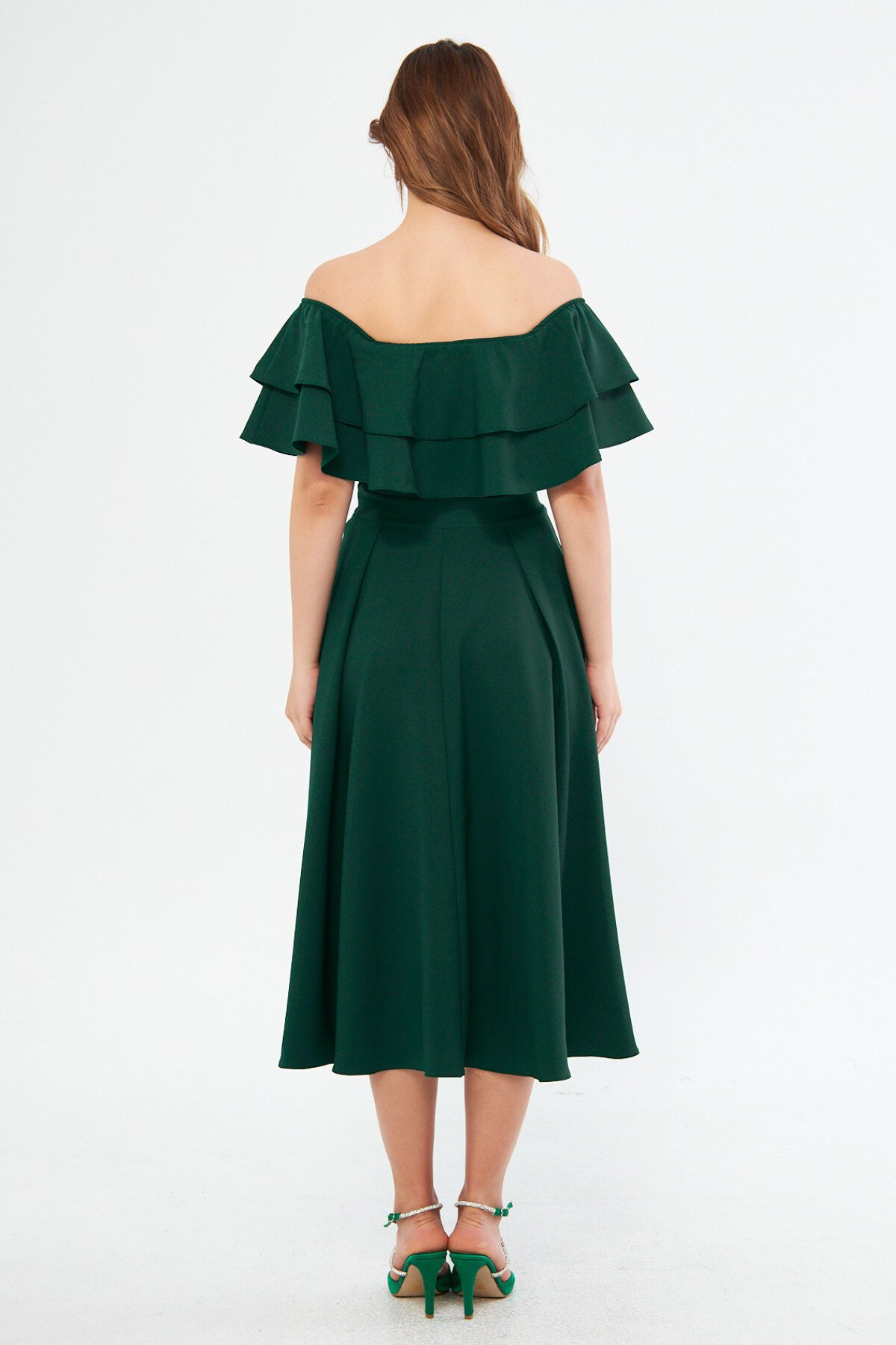 Midi Draped Ruffled Neck Dress - Emerald Green - Bidoluelbise