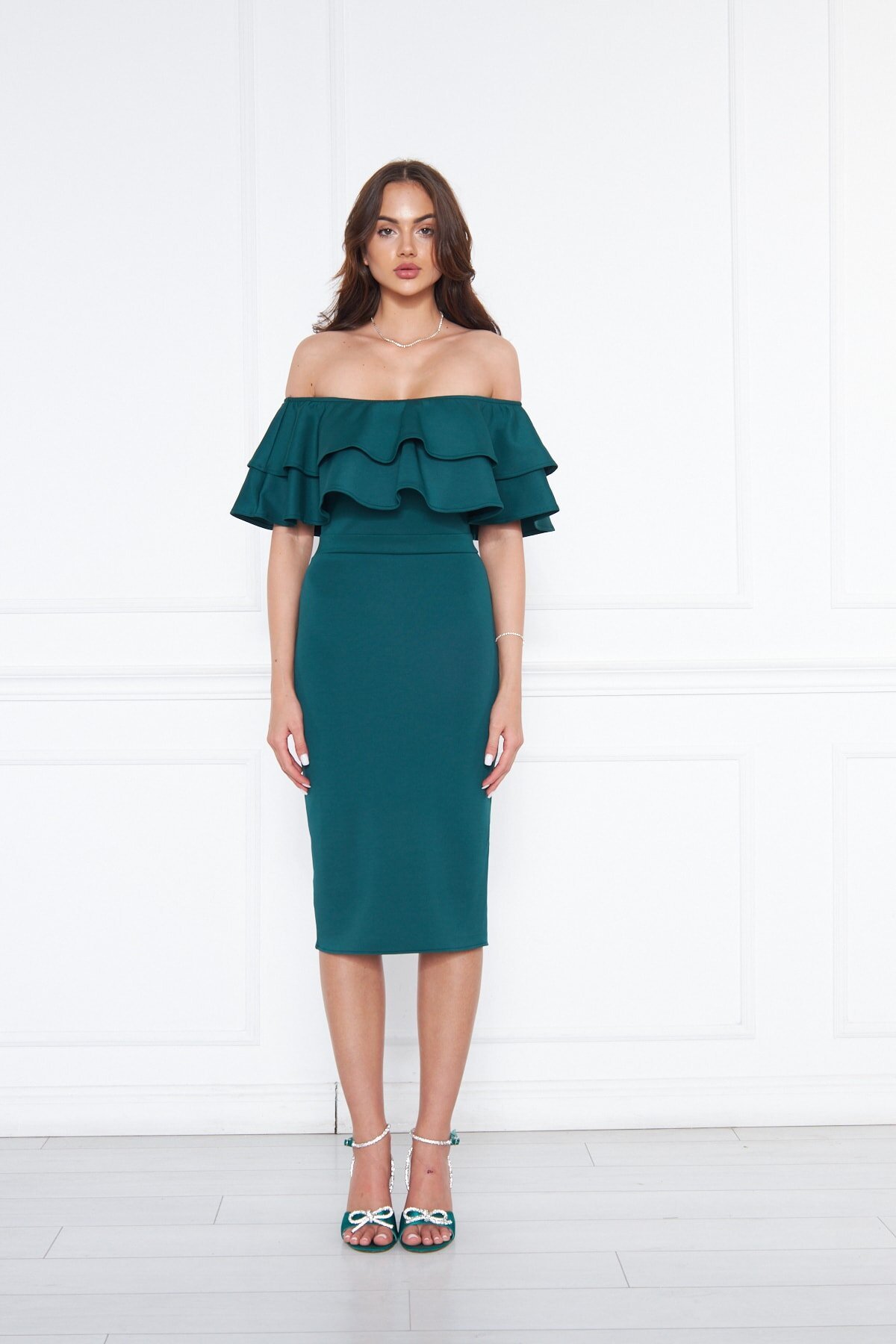 Midi Pencil Karmen-Neck Evening Dress - Emerald Green - Bidoluelbise