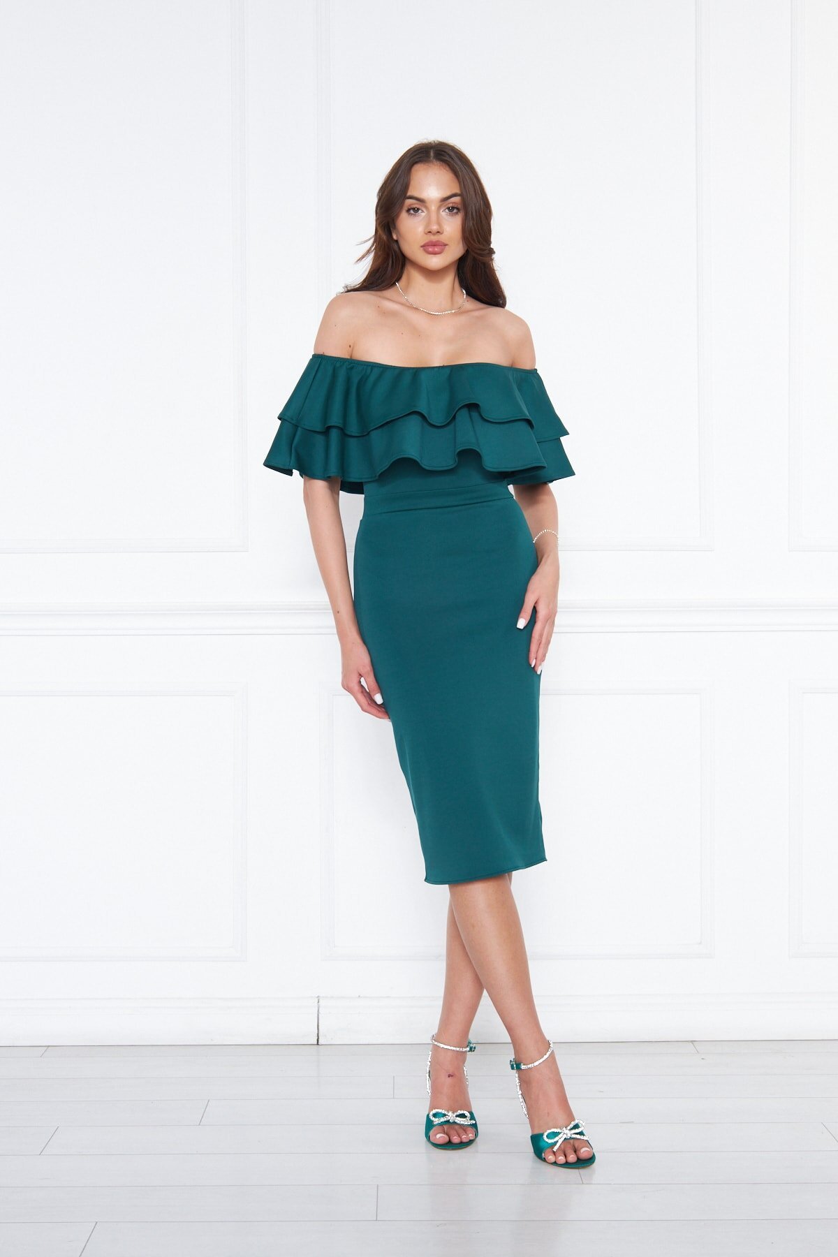 Midi Pencil Karmen-Neck Evening Dress - Emerald Green - Bidoluelbise