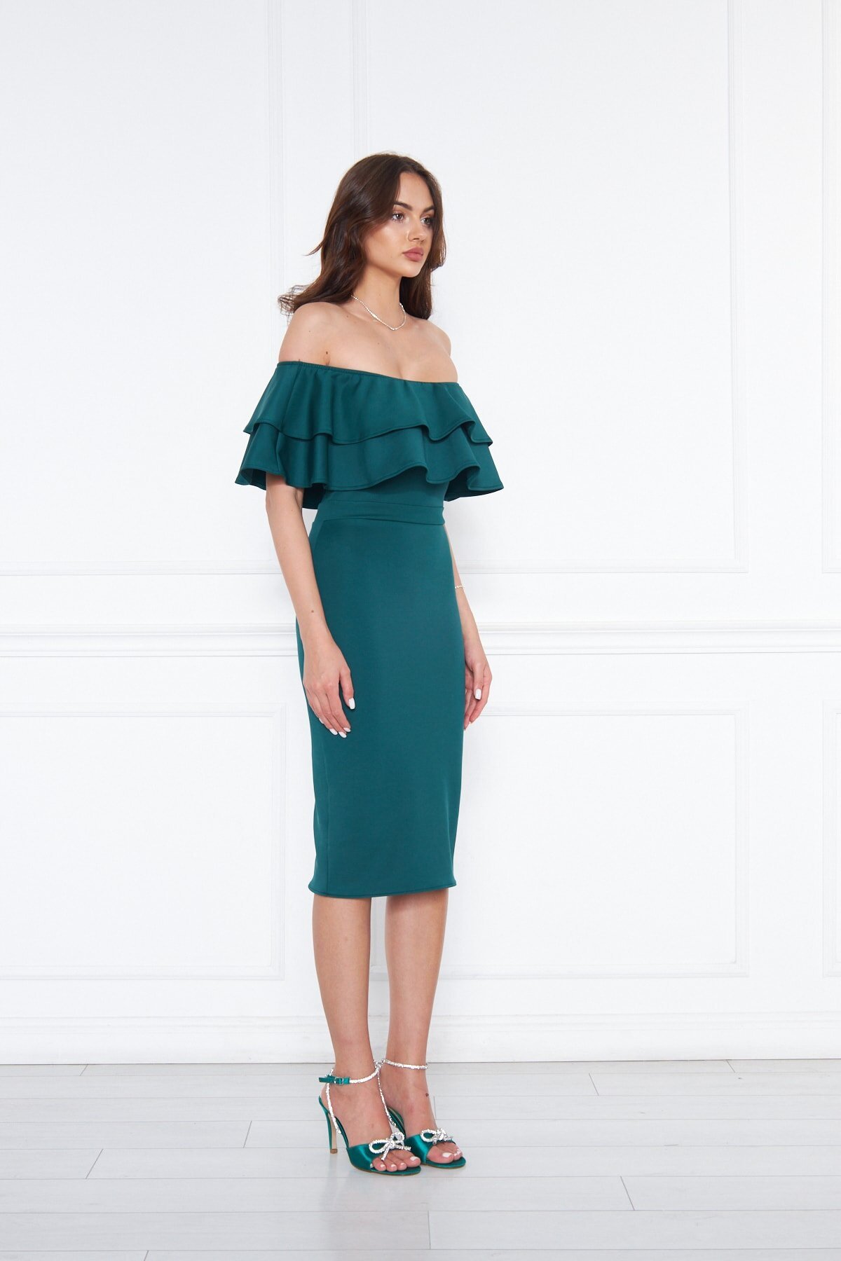 Midi Pencil Karmen-Neck Evening Dress - Emerald Green - Bidoluelbise