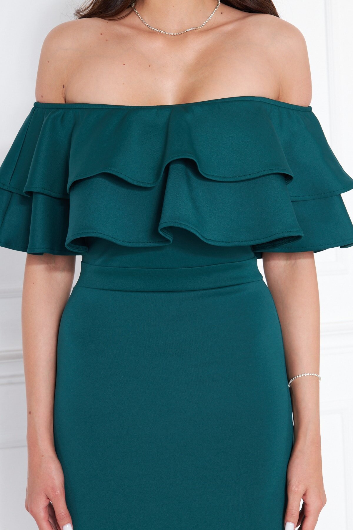 Midi Pencil Karmen-Neck Evening Dress - Emerald Green - Bidoluelbise