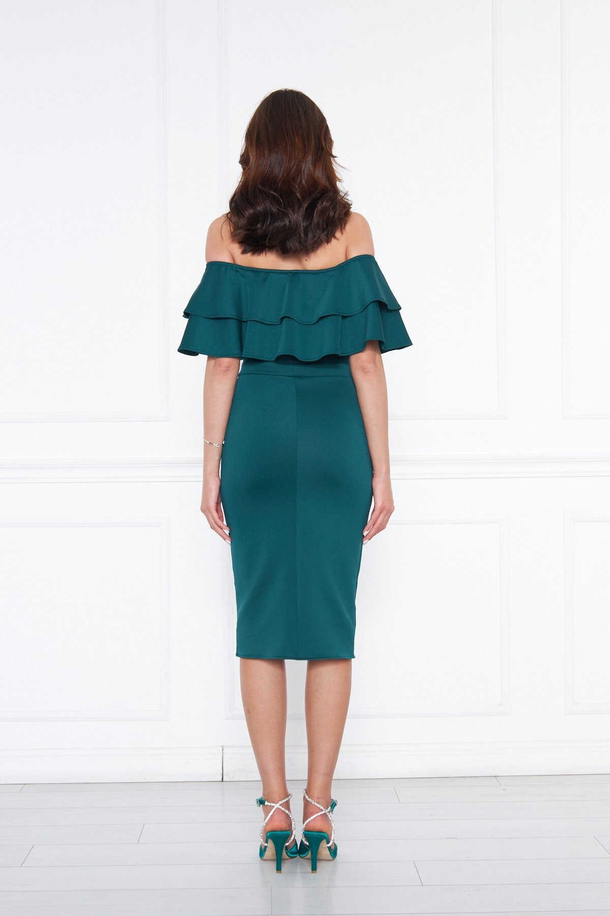 Midi Pencil Karmen-Neck Evening Dress - Emerald Green - Bidoluelbise