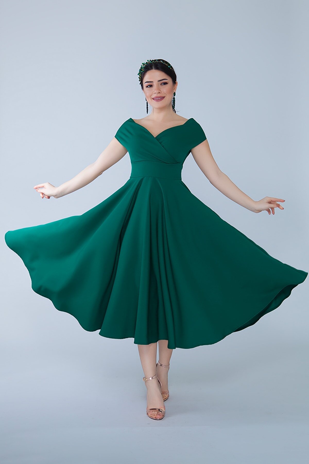 Midi Flared Boat-Neck Evening Dress - Emerald Green - Bidoluelbise