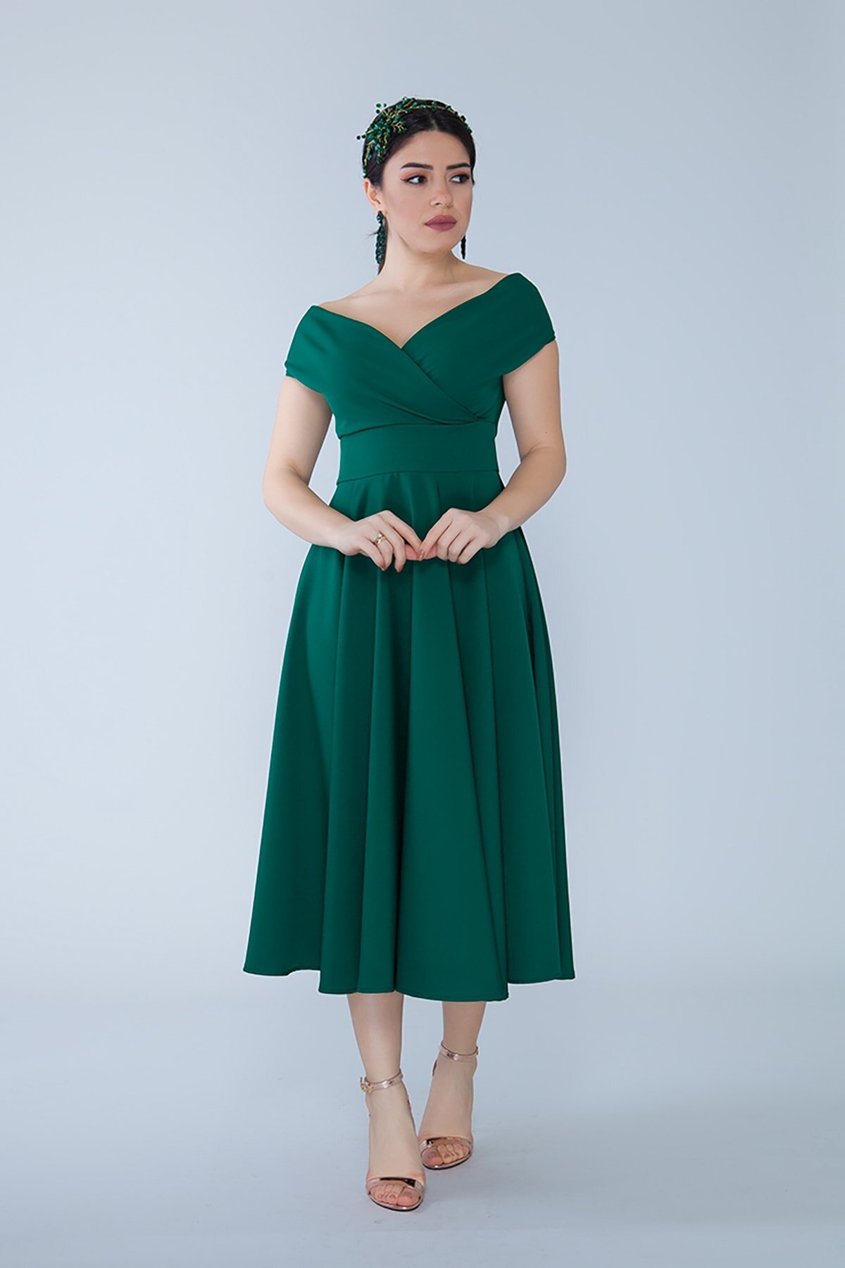 Midi Flared Boat-Neck Evening Dress - Emerald Green - Bidoluelbise