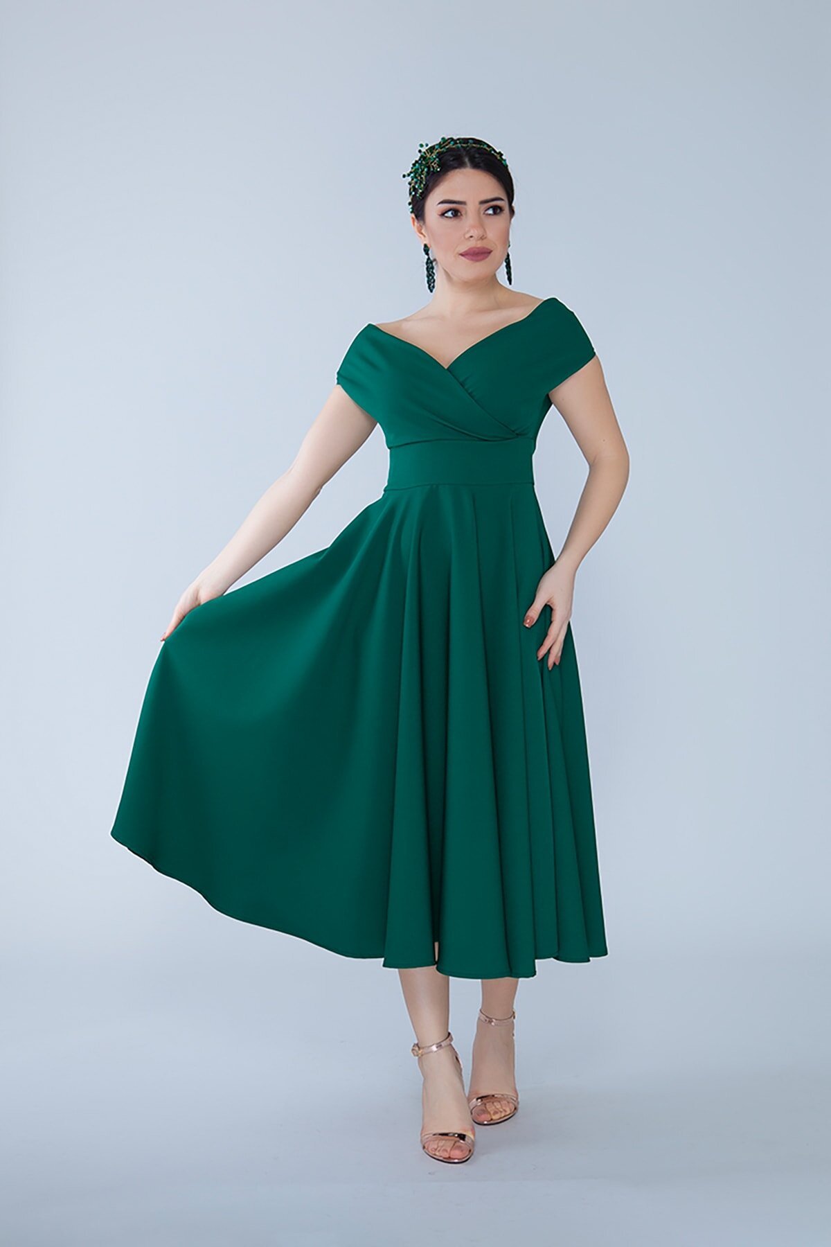 Midi Flared Boat-Neck Evening Dress - Emerald Green - Bidoluelbise