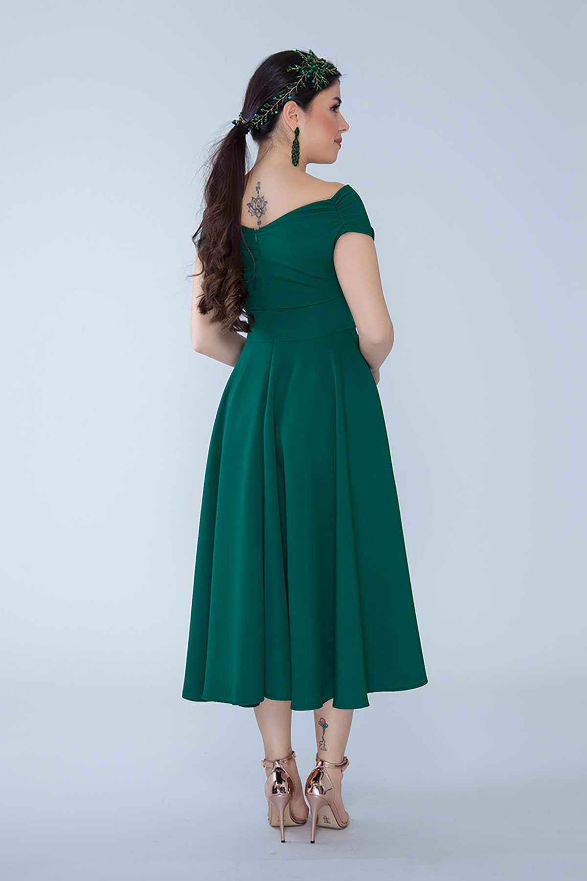 Midi Flared Boat-Neck Evening Dress - Emerald Green - Bidoluelbise