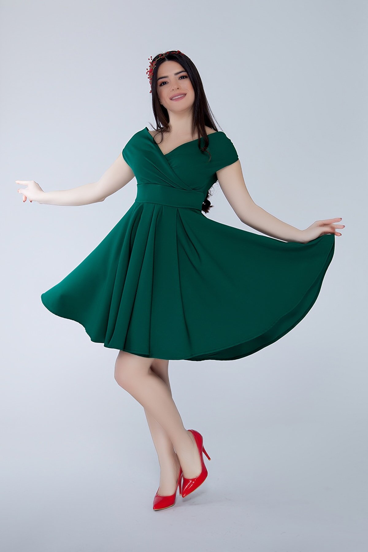 Mini Skater Pleated Boat Neck Evening Dress - Emerald Green - Bidoluelbise