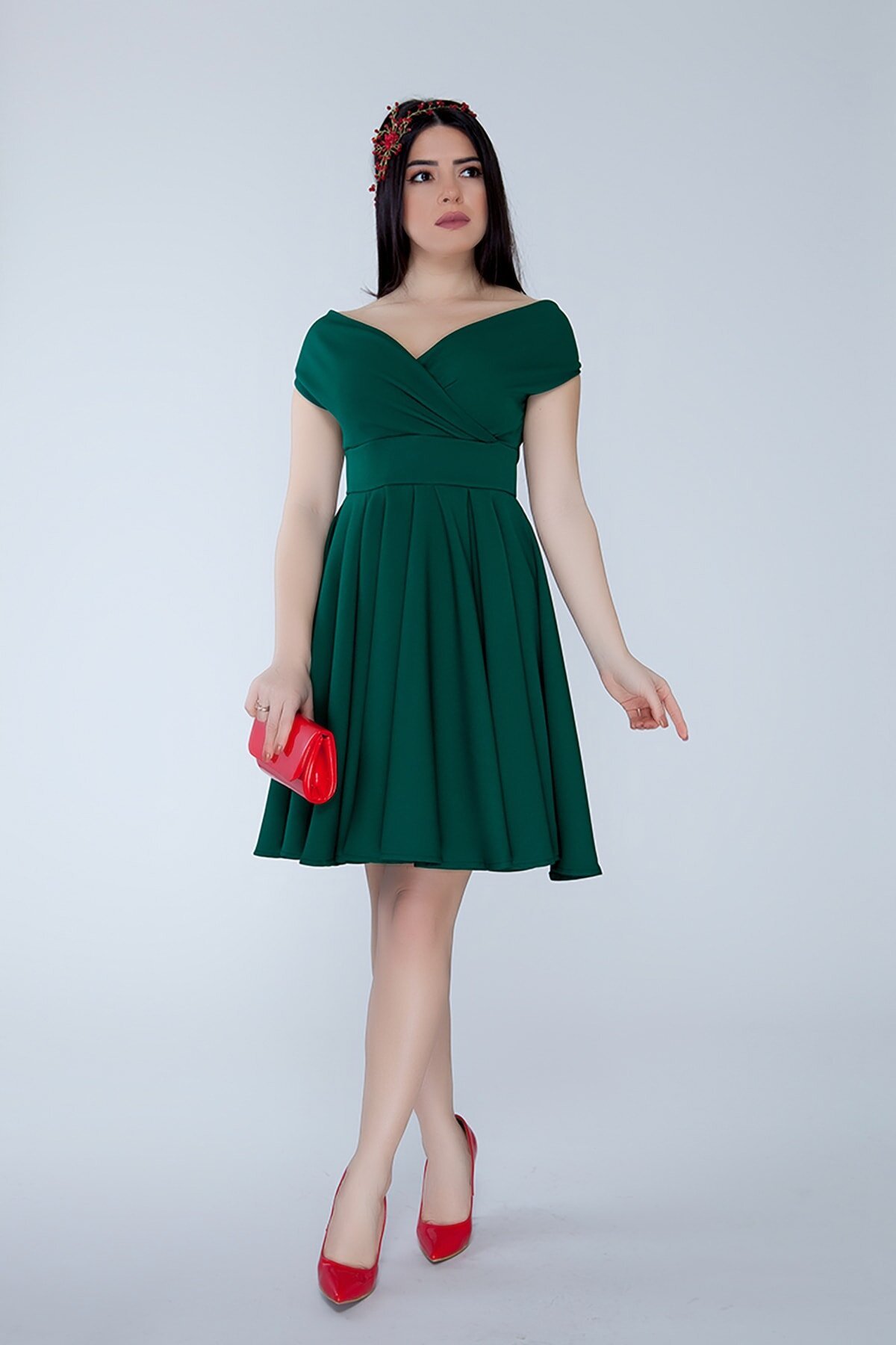 Mini Skater Pleated Boat Neck Evening Dress - Emerald Green - Bidoluelbise