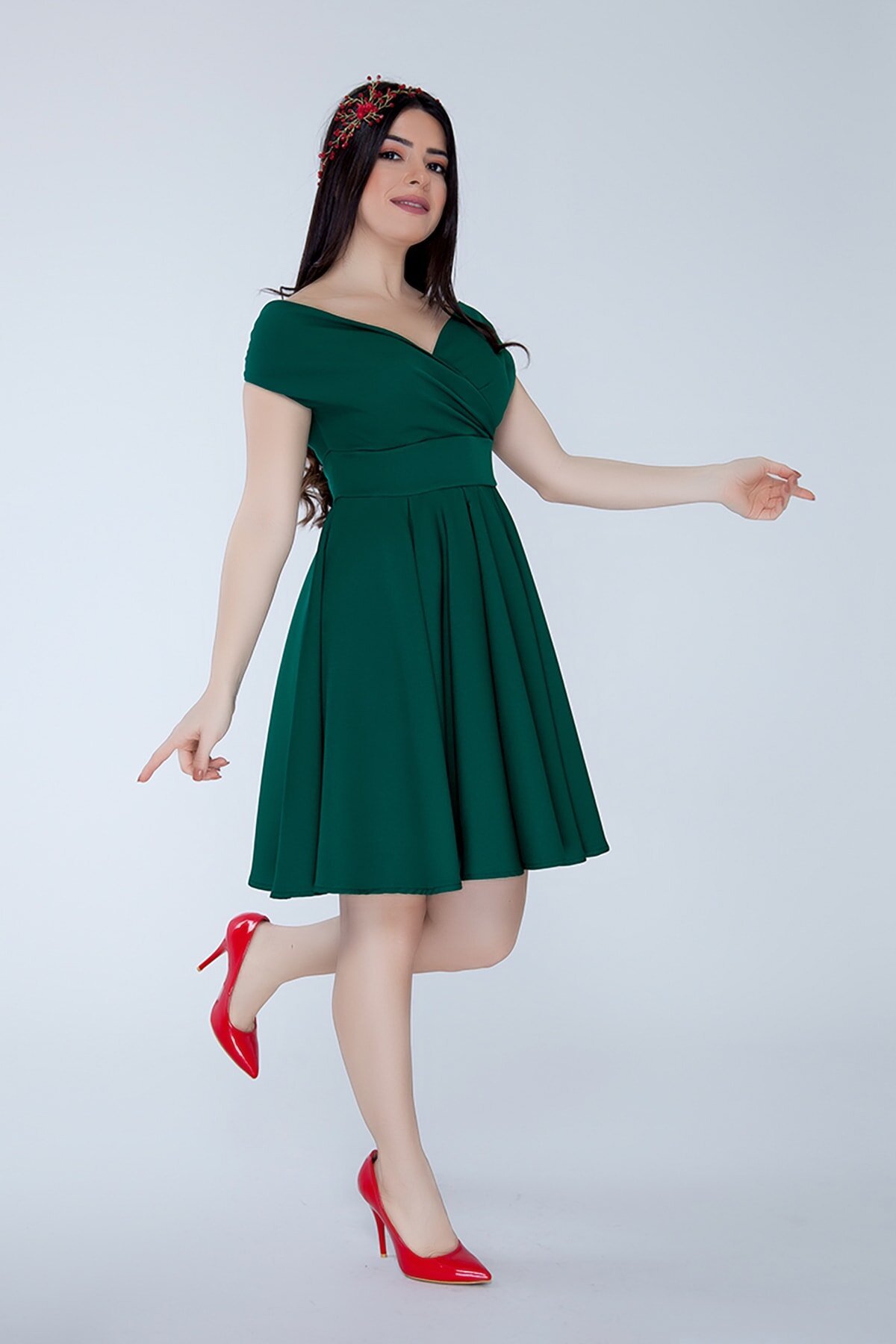 Mini Skater Pleated Boat Neck Evening Dress - Emerald Green - Bidoluelbise