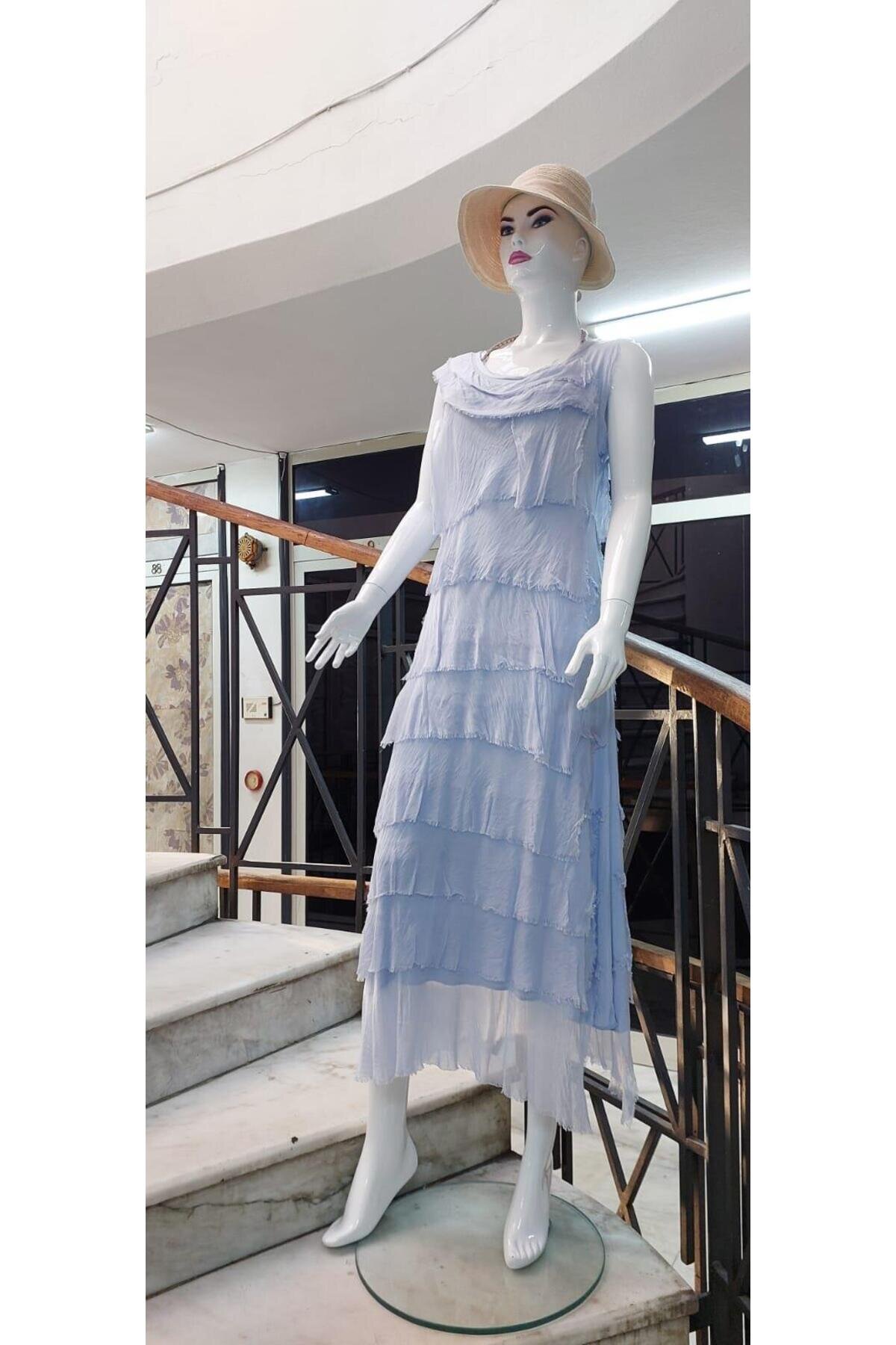 فستان حريري ميدي أزرق فاتح بتصميم طبقات - Bohem Stil