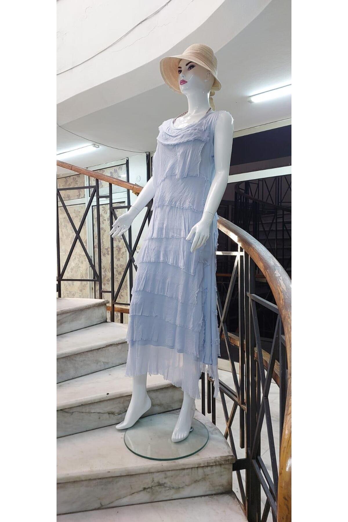 فستان حريري ميدي أزرق فاتح بتصميم طبقات - Bohem Stil