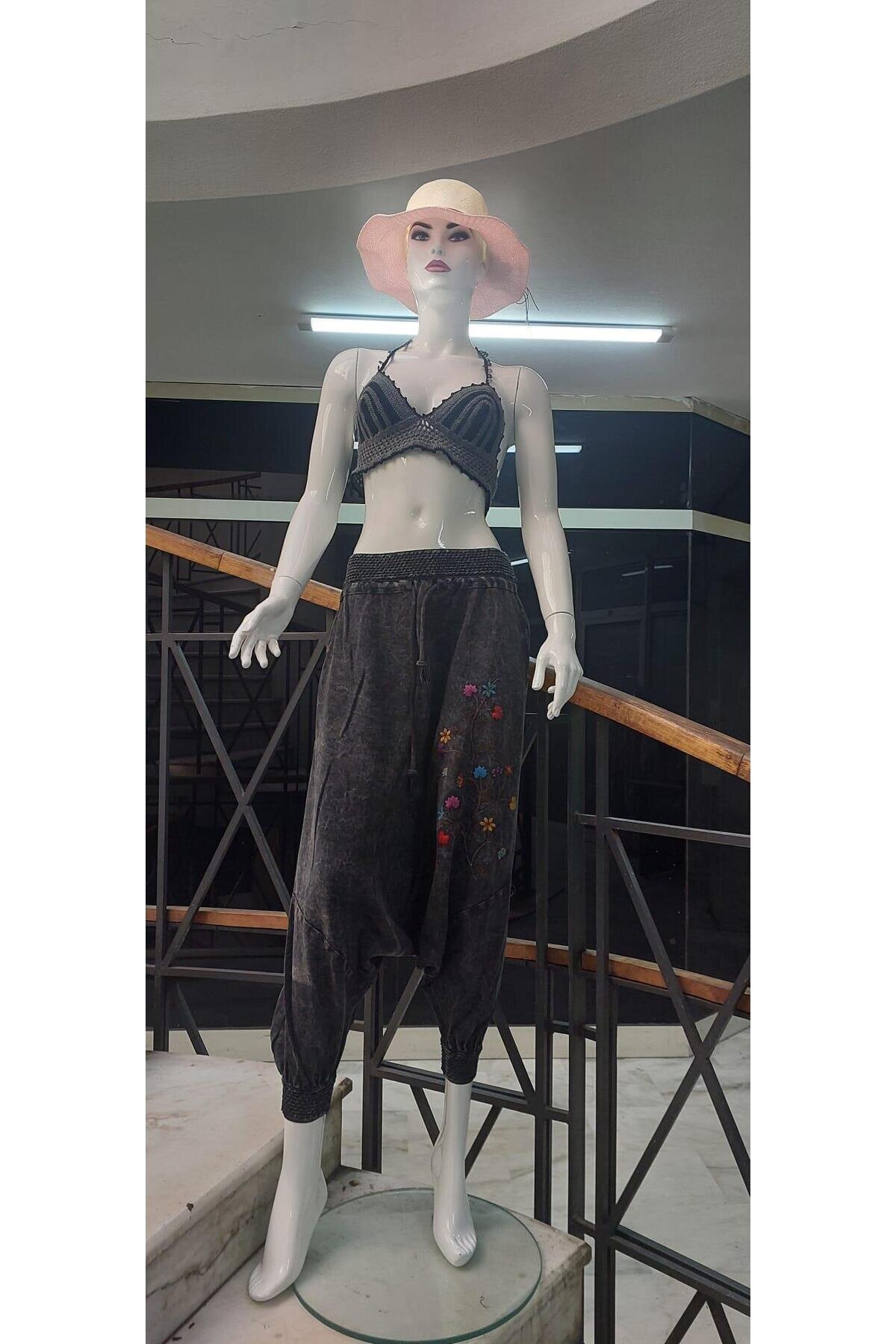 Antrasit Çiçek İşlemeli Bohem Beli Bağlamalı Şalvar Pantolon - Bohem Stil