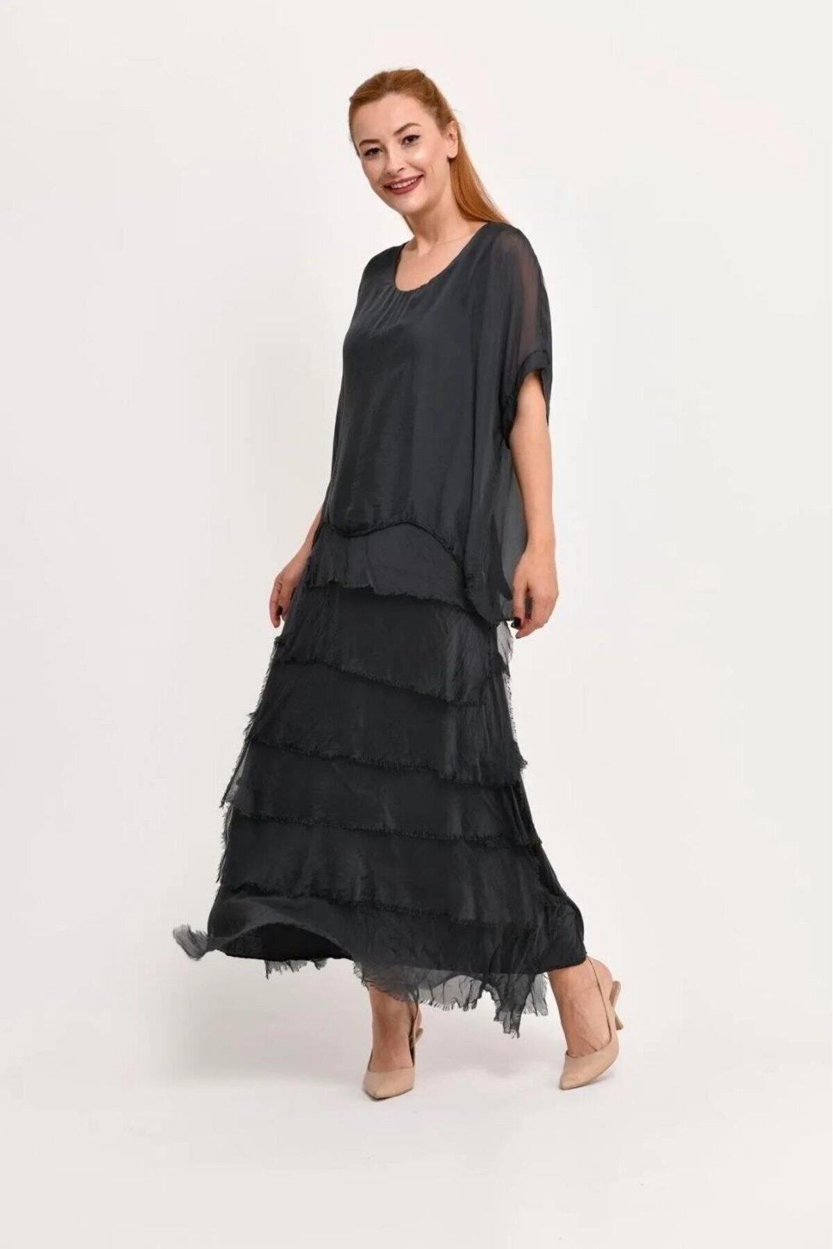 Long Slimming Italian Fit Layered Silk Half Sleeve Dress - Anthracite - Bohem Stil