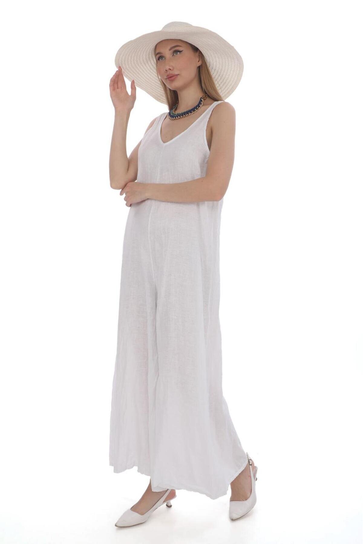 جمبسوت كتان أبيض إيطالي بحمالات - Bohem Stil