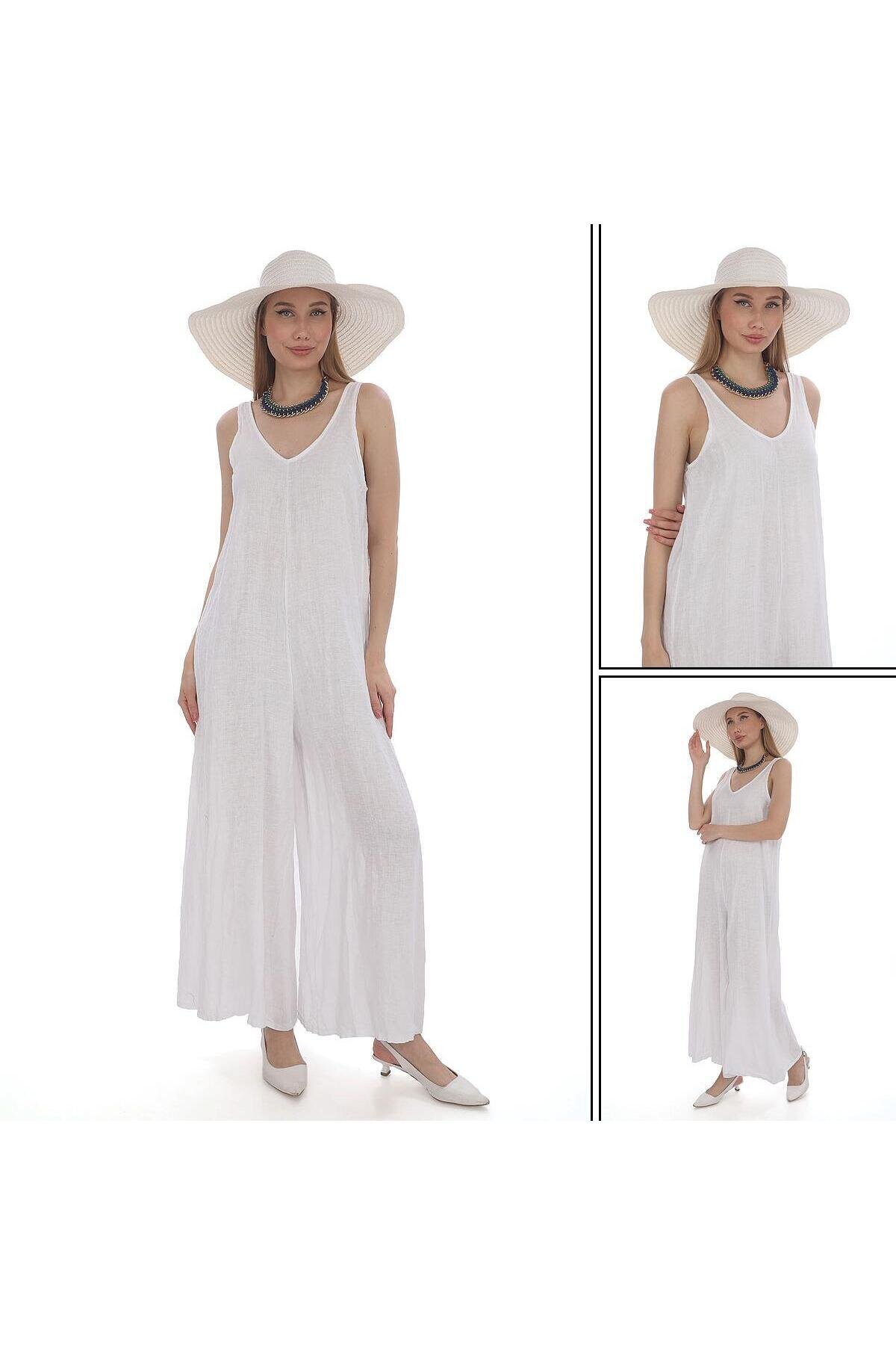جمبسوت كتان أبيض إيطالي بحمالات - Bohem Stil
