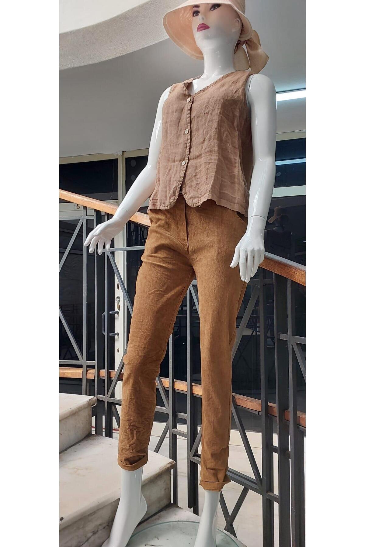 Skinny Stretchy Corduroy Belted Pants - Camel - Bohem Stil